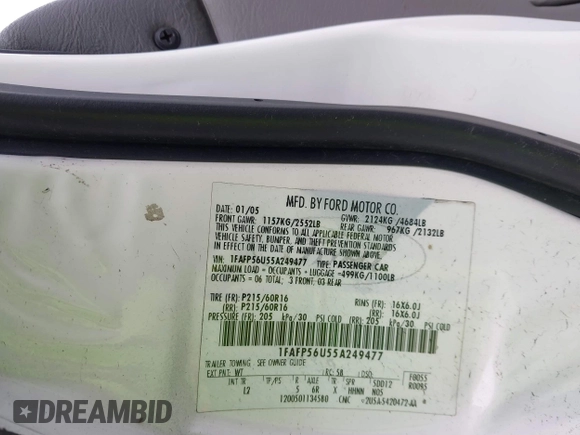 2005 Ford Taurus SEL with VIN 1FAFP56U55A249477, listed as a IAAI auction lot 42179970 with 174,398 mi miles and . Bid and sale history available at DreamBid. Image 9.