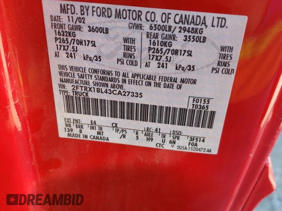 2003 Ford F-150 XL with VIN 2FTRX18L43CA27335, listed as a Copart auction lot 42251385 with 0 mi miles and Salvage Title. Bid and sale history available at carsss.com. Image 12.