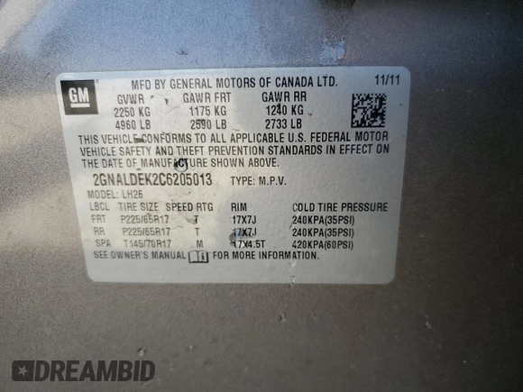 2012 Chevrolet Equinox LT w/1LT with VIN 2GNALDEK2C6205013, listed as a Copart auction lot 50591905 with 209,409 mi miles and Salvage Title. Bid and sale history available at carsss.com. Image 14.