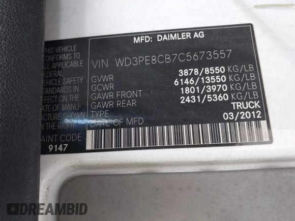 2012 Mercedes-Benz Sprinter Cargo with VIN WD3PE8CB7C5673557, listed as a IAAI auction lot 42044315 with Not Provided miles. Bid and sale history available at carsss.com. Image 9.