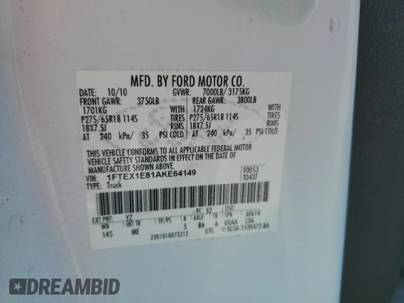 2010 Ford F-150 XL with VIN 1FTEX1E81AKE64149, listed as a Copart auction lot 52437675 with 298,407 mi miles and Salvage Title. Bid and sale history available at carsss.com. Image 13.