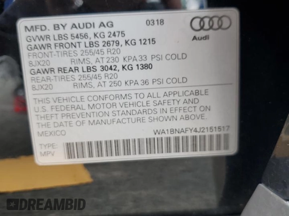 2018 Audi Q5 Premium Plus with VIN WA1BNAFY4J2151517, listed as a Copart auction lot 55902895 with 80,026 mi miles and Salvage title. Bid and sale history available at DreamBid. Image 13.