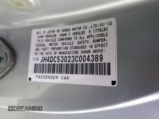 2003 Acura RSX Type S z VIN JH4DC53023C004389, wystawiony jako Copart lot #43474325 z przebiegiem 191 817 mil mil oraz Szkoda całkowita • Salvage title. Historia ofert i sprzedaży dostępna na DreamBid. Obrazek 14.