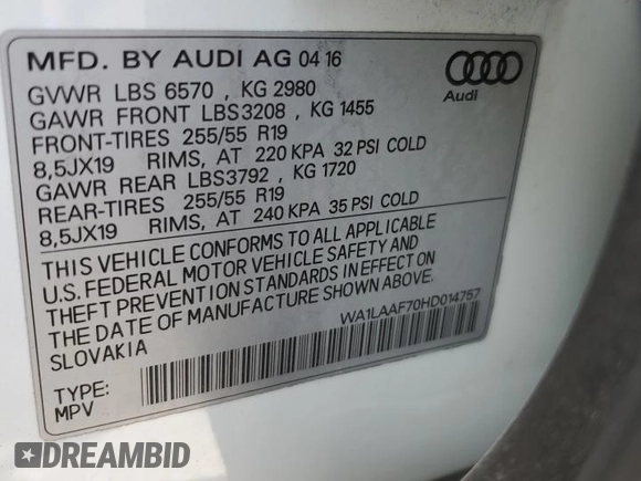 2017 Audi Q7 Premium Plus with VIN WA1LAAF70HD014757, listed as a Copart auction lot 52191525 with 92,788 mi miles and Salvage Title. Bid and sale history available at DreamBid. Image 13.