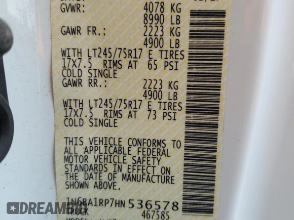 2017 Nissan Titan with VIN 1N6BA1RP7HN536578, listed as a Copart auction lot 53859555 with 39,271 mi miles and Salvage title. Bid and sale history available at DreamBid. Image 12.