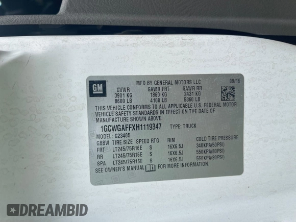2017 Chevrolet Express Cargo with VIN 1GCWGAFFXH1119347, listed as a Copart auction lot 65611505 with 261,808 mi miles and Clean title. Bid and sale history available at DreamBid. Image 10.