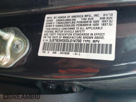 2013 Acura RDX Technology with VIN 5J8TB3H5XDL014700, listed as a Copart auction lot 63602985 with 214,366 mi miles and Salvage title. Bid and sale history available at DreamBid. Image 13.