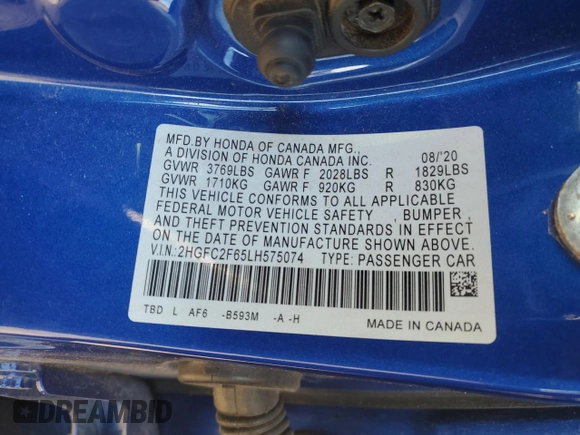 2020 Honda Civic LX with VIN 2HGFC2F65LH575074, listed as a Copart auction lot 43221205 with Not provided miles and Salvage title. Bid and sale history available at DreamBid. Image 12.