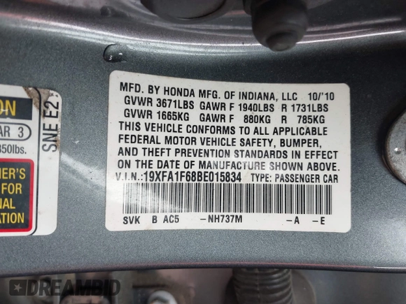 2011 Honda Civic LX-S z VIN 19XFA1F68BE015834, wystawiony jako IAAI lot #42215322 z przebiegiem 169 116 mil mil oraz . Historia ofert i sprzedaży dostępna na DreamBid. Obrazek 9.
