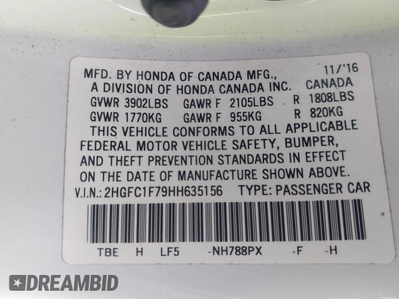 2017 Honda Civic EX-L z VIN 2HGFC1F79HH635156, wystawiony jako IAAI lot #41922115 z przebiegiem 142 565 mil mil oraz . Historia ofert i sprzedaży dostępna na DreamBid. Obrazek 9.