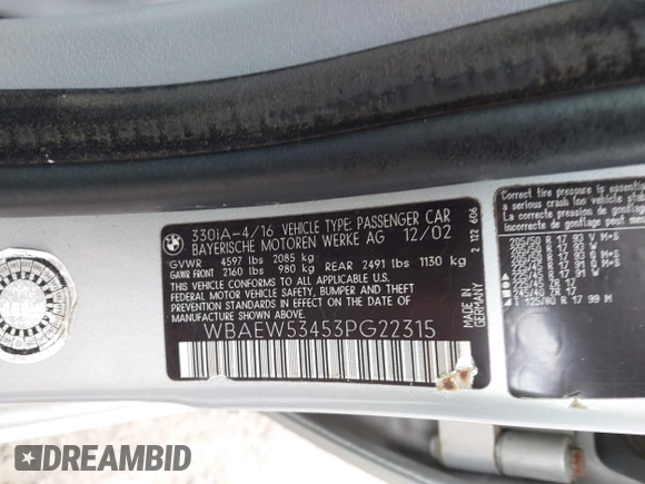 2003 BMW 3 Series 330xi z VIN WBAEW53453PG22315, wystawiony jako IAAI lot #42435069 z przebiegiem Nie podano mil oraz . Historia ofert i sprzedaży dostępna na DreamBid. Obrazek 9.