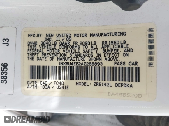 2010 Toyota Corolla with VIN 1NXBU4EE2AZ288893, listed as a IAAI auction lot 42065454 with 140,064 mi miles. Bid and sale history available at carsss.com. Image 9.