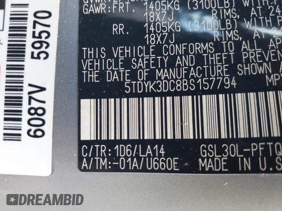 2011 Toyota Sienna XLE AAS with VIN 5TDYK3DC8BS157794, listed as a IAAI auction lot 40759823 with 211,716 mi miles and . Bid and sale history available at DreamBid. Image 9.