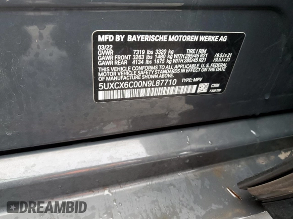 2022 BMW X7 M50i with VIN 5UXCX6C00N9L87710, listed as a Copart auction lot 46780085 with 46,876 mi miles and Salvage Title. Bid and sale history available at carsss.com. Image 16.