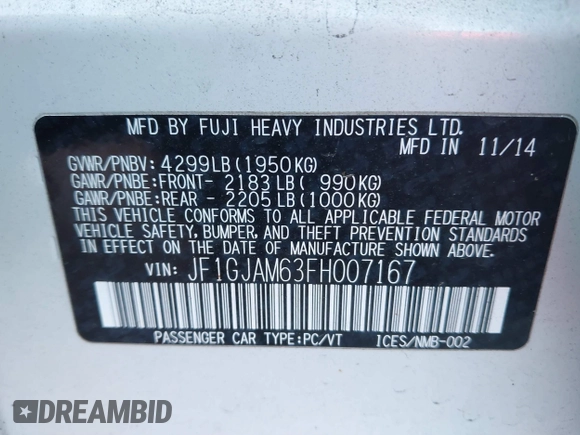 2015 Subaru Impreza Limited z VIN JF1GJAM63FH007167, wystawiony jako IAAI lot #41008665 z przebiegiem 177 253 mil mil oraz . Historia ofert i sprzedaży dostępna na DreamBid. Obrazek 9.