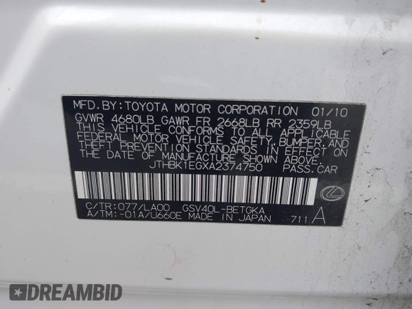2010 Lexus ES 330 with VIN JTHBK1EGXA2374750, listed as a IAAI auction lot 41854716 with 193,513 mi miles and . Bid and sale history available at DreamBid. Image 9.