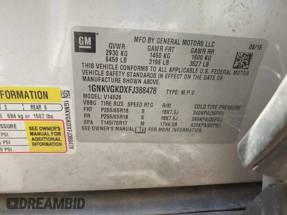 2015 Chevrolet Traverse LT with VIN 1GNKVGKDXFJ388478, listed as a IAAI auction lot 41914314 with 188,141 mi miles and . Bid and sale history available at DreamBid. Image 9.
