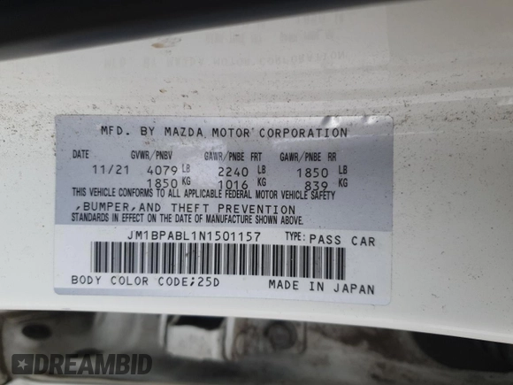 2022 Mazda 3 Select z VIN JM1BPABL1N1501157, wystawiony jako Copart lot #54688555 z przebiegiem 13 076 mil mil oraz Nie do naprawy • Non repairable. Historia ofert i sprzedaży dostępna na DreamBid. Obrazek 12.