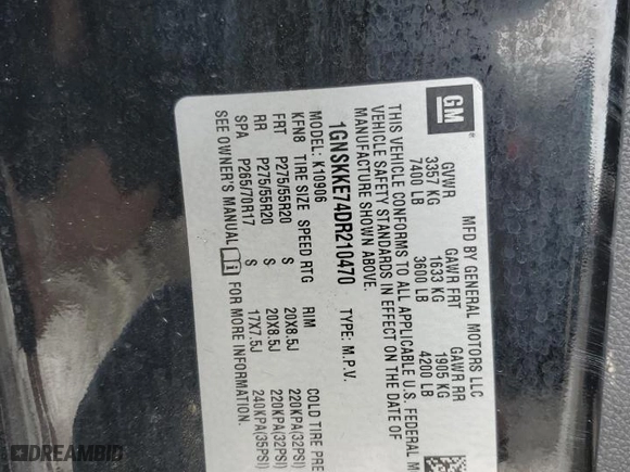 2013 Chevrolet Suburban LTZ with VIN 1GNSKKE74DR210470, listed as a Copart auction lot 89209545 with 243,346 mi miles and Salvage Title. Bid and sale history available at carsss.com. Image 13.