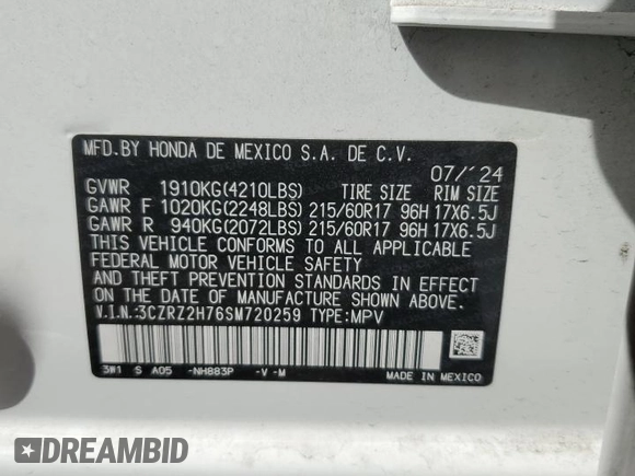 2025 Honda HR-V EX-L z VIN 3CZRZ2H76SM720259, wystawiony jako Copart lot #50909905 z przebiegiem 3 978 mil mil oraz Szkoda całkowita • Salvage title. Historia ofert i sprzedaży dostępna na DreamBid. Obrazek 14.