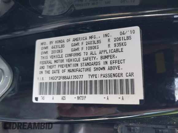 2010 Honda Accord EX-L z VIN 1HGCP2F88AA135077, wystawiony jako IAAI lot #42245100 z przebiegiem 149 394 mil mil oraz . Historia ofert i sprzedaży dostępna na DreamBid. Obrazek 9.