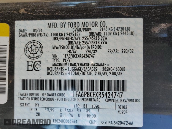 2024 Ford Mustang GT with VIN 1FA6P8CFXR5424747, listed as a Copart auction lot 52578245 with 32,975 mi miles and Salvage title. Bid and sale history available at DreamBid. Image 13.