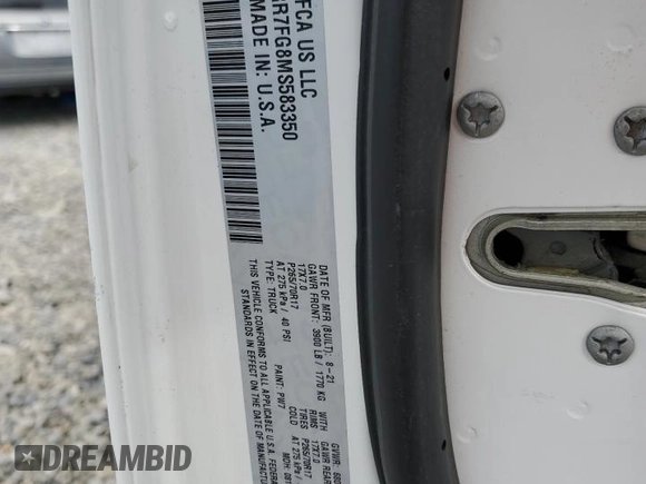 2021 Ram 1500 Tradesman с VIN 1C6RR7FG8MS583350, выставлен на аукционе Copart как лот 58921575 с пробегом 74 425 миль миль и Списание • Salvage title. История ставок и продаж доступна на DreamBid. Изображение 12.