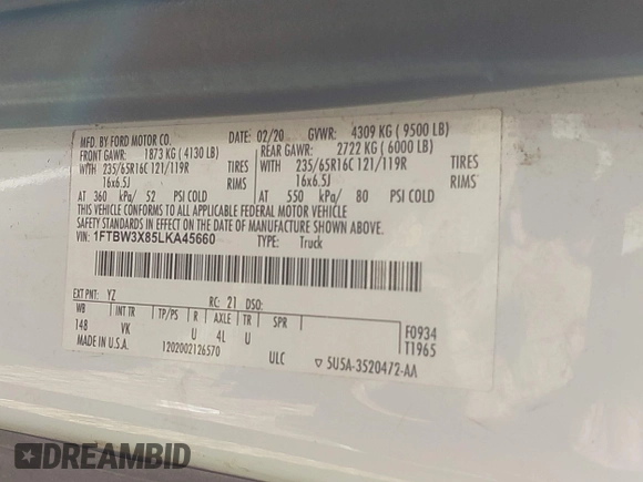 2020 Ford Transit Cargo with VIN 1FTBW3X85LKA45660, listed as a IAAI auction lot 42166200 with 115,838 mi miles and . Bid and sale history available at DreamBid. Image 9.