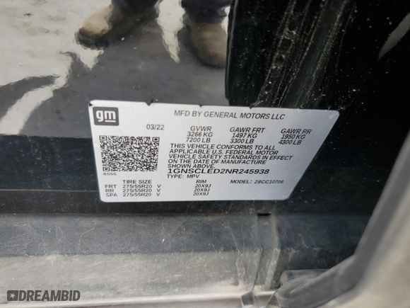 2022 Chevrolet Tahoe Commercial with VIN 1GNSCLED2NR245938, listed as a Copart auction lot 63528714 with 0 mi miles and Salvage Title. Bid and sale history available at carsss.com. Image 13.