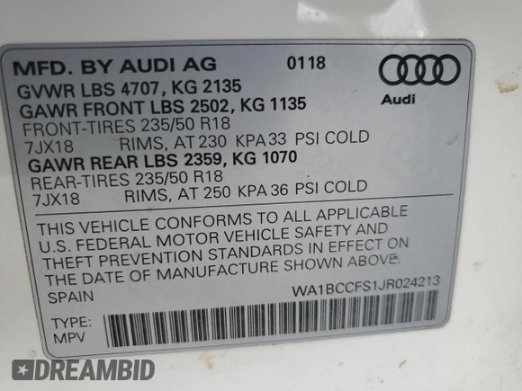 2018 Audi Q3 Premium with VIN WA1BCCFS1JR024213, listed as a Copart auction lot 54739125 with 108,668 mi miles and Clean Title. Bid and sale history available at carsss.com. Image 13.