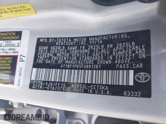 2015 Toyota Camry XLE z VIN 4T1BF1FK5FU891261, wystawiony jako IAAI lot #41262797 z przebiegiem 149 271 mil mil oraz . Historia ofert i sprzedaży dostępna na DreamBid. Obrazek 9.