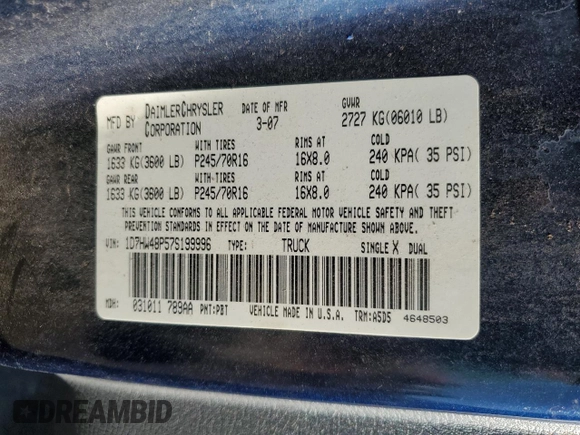 2007 Dodge Dakota SLT with VIN 1D7HW48P57S199996, listed as a Copart auction lot 80783804 with 180,220 mi miles and Salvage Title. Bid and sale history available at carsss.com. Image 12.