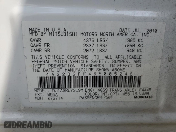 2011 Mitsubishi Galant FE с VIN 4A32B2FF4BE005246, выставлен на аукционе Copart как лот 55412995 с пробегом 142 846 миль миль и Списание • Salvage title. История ставок и продаж доступна на DreamBid. Изображение 12.