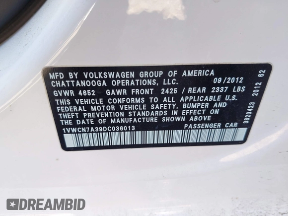 2013 Volkswagen Passat SEL Premium z VIN 1VWCN7A39DC036013, wystawiony jako IAAI lot #41632682 z przebiegiem 158 680 mil mil oraz . Historia ofert i sprzedaży dostępna na DreamBid. Obrazek 9.