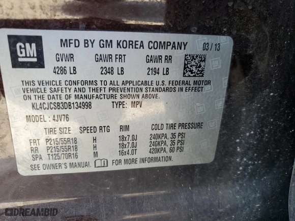 2013 Buick Encore Leather with VIN KL4CJCSB3DB134998, listed as a Copart auction lot 44057065 with 133,727 mi miles and Salvage Title. Bid and sale history available at carsss.com. Image 14.