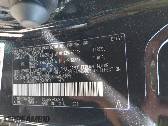 2024 Toyota Highlander LE with VIN 5TDKDRBH7RS540914, listed as a IAAI auction lot 42552324 with 20,487 mi miles and . Bid and sale history available at DreamBid. Image 9.