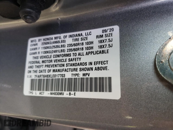 2020 Honda CR-V EX-L with VIN 7FART6H8XLE017703, listed as a Copart auction lot 47798925 with 52,566 mi miles and Salvage title. Bid and sale history available at DreamBid. Image 14.