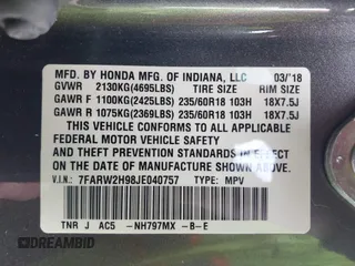 2018 Honda CR-V Touring with VIN 7FARW2H98JE040757, listed as a IAAI auction lot 42044927 with 1 mi miles. Bid and sale history available at carsss.com. Image 9.
