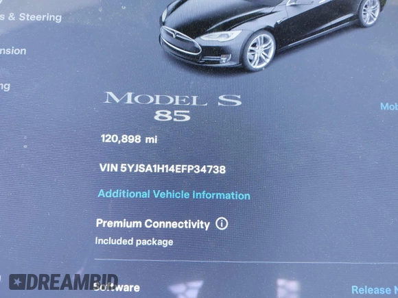 2014 Tesla Model S 60 with VIN 5YJSA1H14EFP34738, listed as a IAAI auction lot 42132117 with 120,898 mi miles and . Bid and sale history available at DreamBid. Image 7.