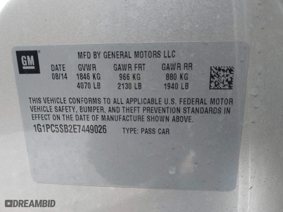 2014 Chevrolet Cruze 1LT with VIN 1G1PC5SB2E7449026, listed as a IAAI auction lot 41869826 with 117,635 mi miles. Bid and sale history available at carsss.com. Image 9.