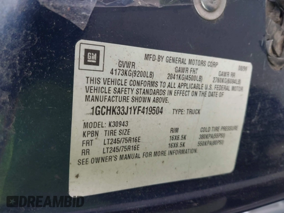 2000 Chevrolet Silverado 3500 z VIN 1GCHK33J1YF419504, wystawiony jako IAAI lot #42337616 z przebiegiem 169 037 mil mil oraz . Historia ofert i sprzedaży dostępna na DreamBid. Obrazek 9.