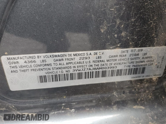 2010 Volkswagen Jetta S с VIN 3VWJZ7AJ8AM003993, выставлен на аукционе Copart как лот 51973625 с пробегом 105 215 миль миль и Списание • Salvage title. История ставок и продаж доступна на DreamBid. Изображение 14.