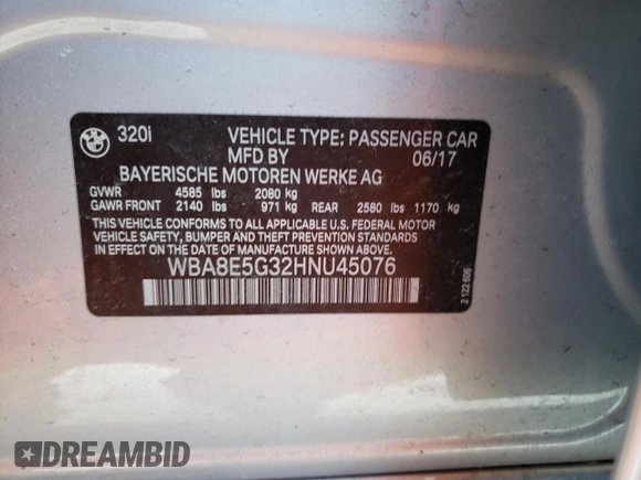2017 BMW 3 Series 320i xDrive with VIN WBA8E5G32HNU45076, listed as a Copart auction lot 89050755 with 59,680 mi miles and Non repairable. Bid and sale history available at DreamBid. Image 12.