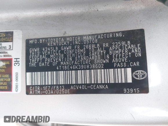 2009 Toyota Camry with VIN 4T1BE46K39U838602, listed as a IAAI auction lot 41980216 with 159,913 mi miles and . Bid and sale history available at DreamBid. Image 9.