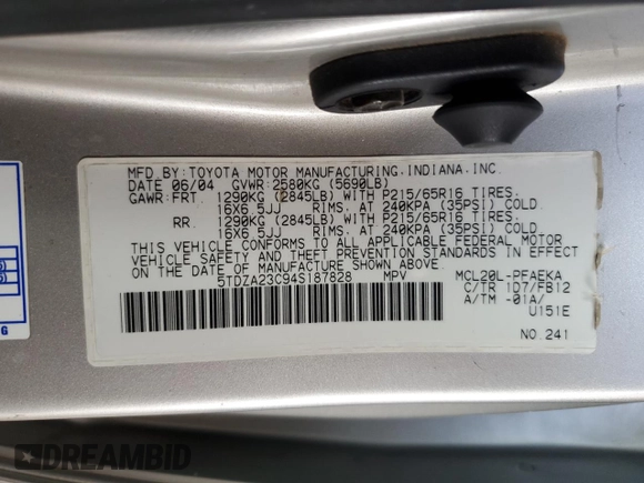 2004 Toyota Sienna CE with VIN 5TDZA23C94S187828, listed as a Copart auction lot 49094645 with 236,132 mi miles and Salvage Title. Bid and sale history available at carsss.com. Image 15.