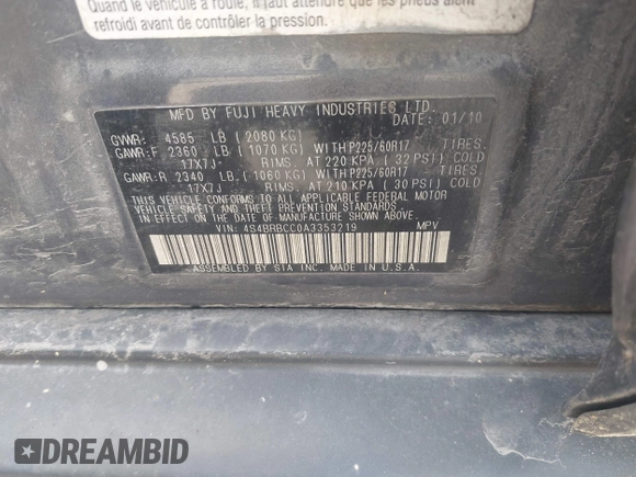 2010 Subaru Outback Premium All-Weather Anniversary with VIN 4S4BRBCC0A3353219, listed as a IAAI auction lot 42540619 with 176,855 mi miles and . Bid and sale history available at DreamBid. Image 9.