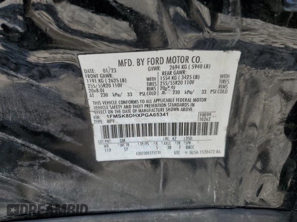 2023 Ford Explorer XLT с VIN 1FMSK8DHXPGA65341, выставлен на аукционе Copart как лот 61634435 с пробегом 32 455 миль миль и Списание • Salvage title. История ставок и продаж доступна на DreamBid. Изображение 13.