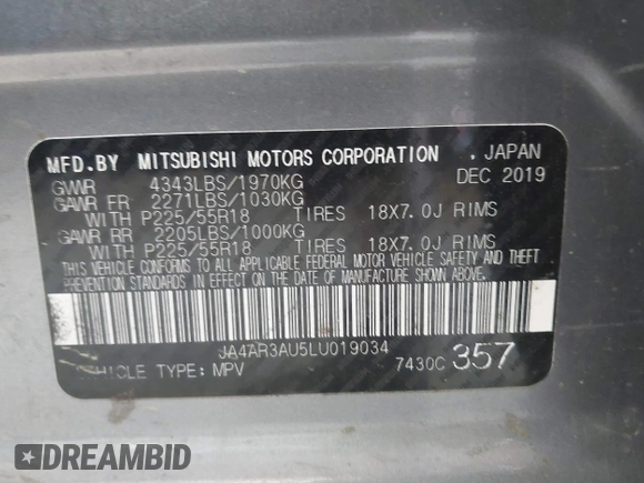 2020 Mitsubishi Outlander ES with VIN JA4AR3AU5LU019034, listed as a IAAI auction lot 42563892 with 105,330 mi miles and . Bid and sale history available at DreamBid. Image 9.