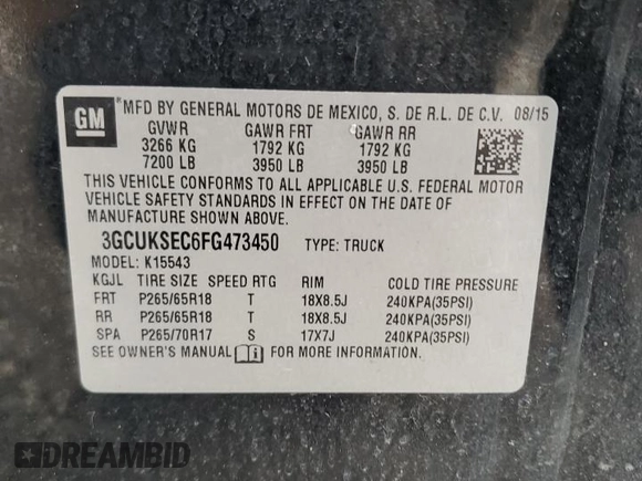 2015 Chevrolet Silverado 1500 LTZ with VIN 3GCUKSEC6FG473450, listed as a Copart auction lot 49487785 with 196,988 mi miles and Salvage Title. Bid and sale history available at carsss.com. Image 14.
