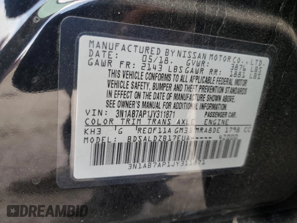 2018 Nissan Sentra SV z VIN 3N1AB7AP1JY311871, wystawiony jako Copart lot #55297635 z przebiegiem 71 842 mil mil oraz Szkoda całkowita • Salvage title. Historia ofert i sprzedaży dostępna na DreamBid. Obrazek 12.